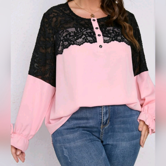 SHEIN Tops - SHEIN Blush Pink & Black Contrast Eyelet Lace Flounce Sleeve Blouse Size 3XL